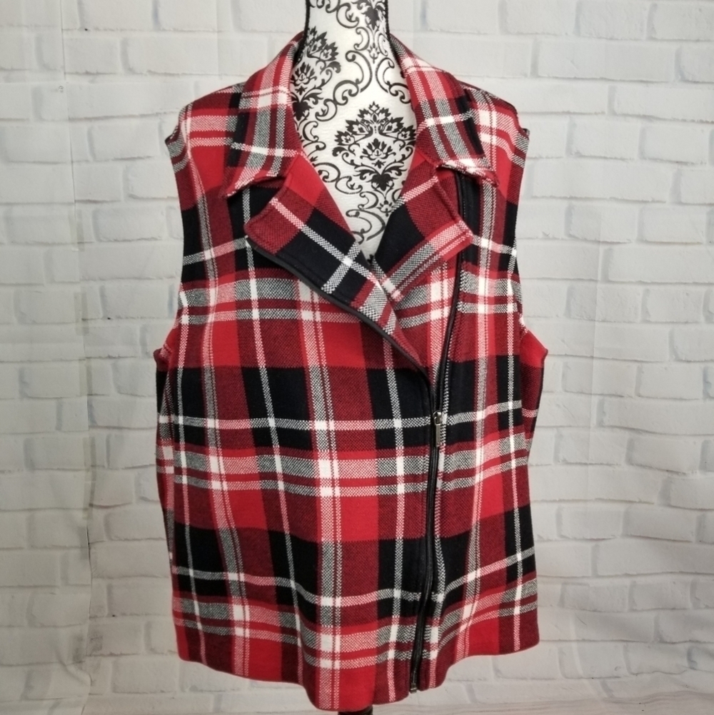 Chaps plus size 3x plaid print moto vest zip front